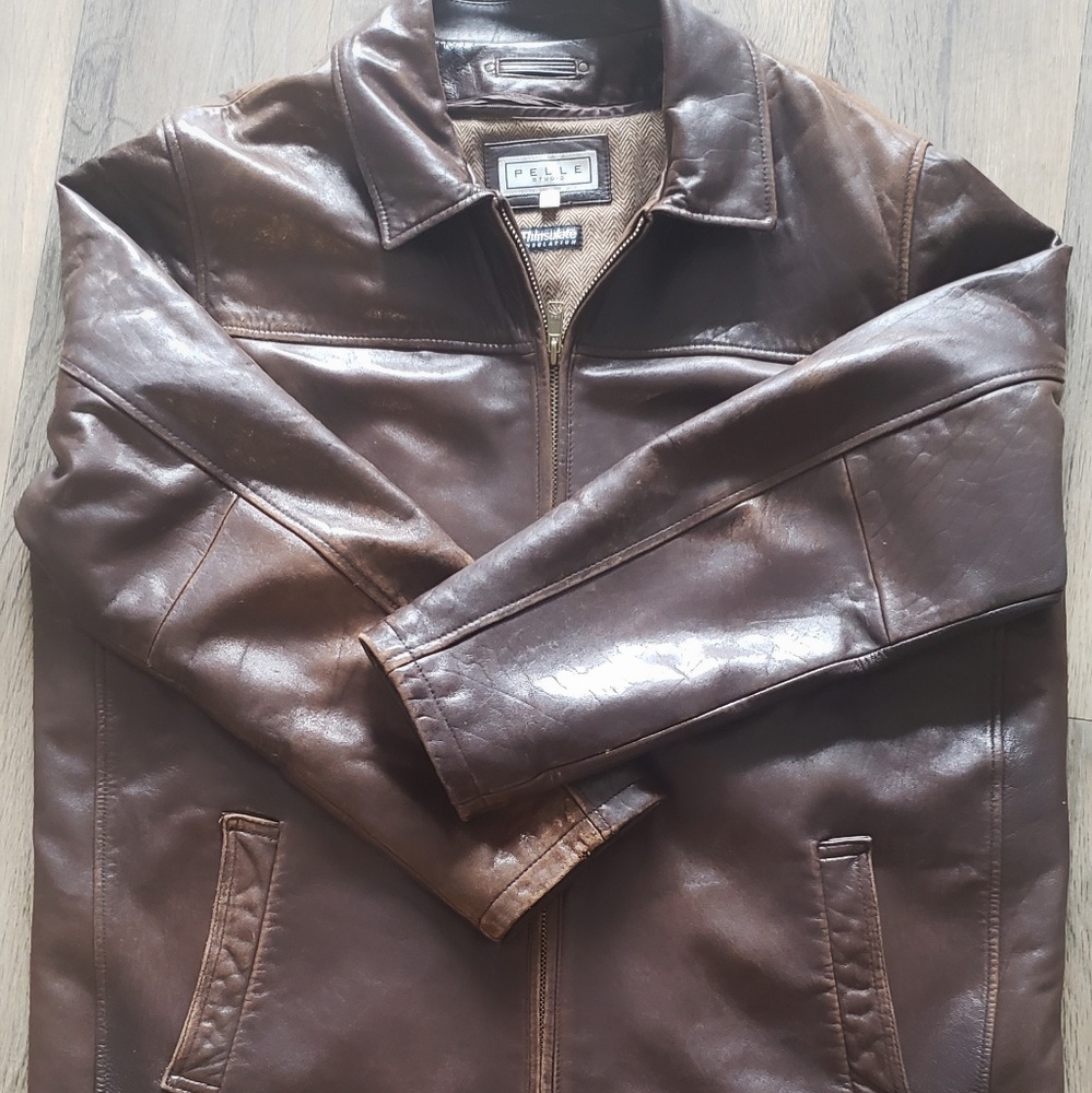 Men's brown leather moto jacket